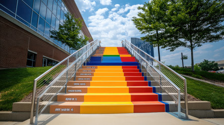 A stunning set of colorful steps in an urban landscape, adorned with inspiring messages. Perfect for concepts of creativity, community, and outdoor beauty.の素材