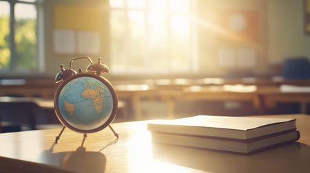 A vintage globe rests on a wooden desk beside an alarm clock and an open book, bathed in warm sunlight, creating a serene education environment ideal for learning.の素材