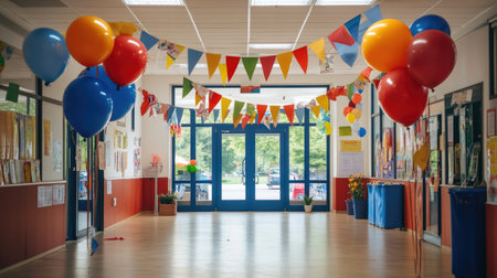 A vibrant school corridor full of colorful balloons and cheerful banners, creating a festive atmosphere perfect for gatherings, celebrations, or educational events.の素材