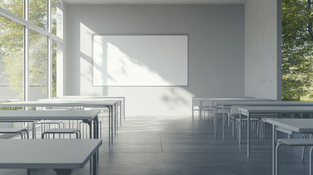 A spacious and modern classroom featuring empty desks, large windows, and a whiteboard. Ideal for educational settings, fostering learning and creativity.の素材