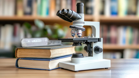 A classic microscope sits on a wooden table beside old books, creating a scholarly atmosphere. Perfect for themes of education, research, and scientific discovery.の素材