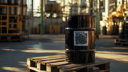 An industrial warehouse scene showcasing a black drum resting on a wooden pallet, featuring a QR code for efficient inventory and storage management in a busy environment.の素材
