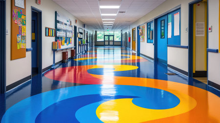 A vibrant school hallway featuring an artistic floor design with bold colors, inviting light, and a spacious atmosphere, perfect for educational settings.の素材