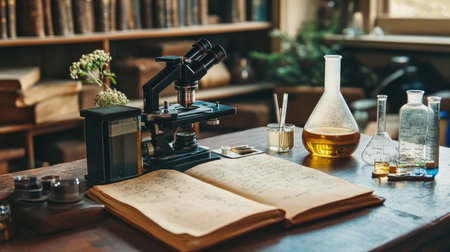 A charming vintage laboratory scene showcasing a microscope, various glassware, and an open chemistry book, all bathed in soft natural light for a cozy ambiance.の素材