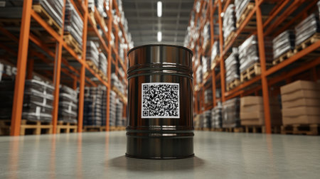 A striking image of a black barrel with a QR code placed prominently in an industrial warehouse aisle, showcasing efficiency in inventory management and modern technology.の素材