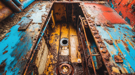 This striking image captures an abandoned industrial space showcasing rusty metal walls and vibrant colors, illustrating the passage of time and decay in a mesmerizing way.の素材