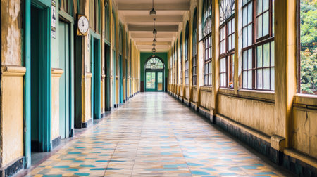 Expansive corridor featuring stunning vintage architecture, large windows inviting natural light, and a beautifully patterned tiled floor, creating a peaceful atmosphere.の素材