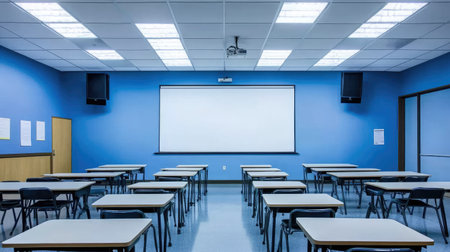 A spacious and modern classroom designed for learning, featuring blue walls, empty desks for students, and a projection screen for educational activities.の素材