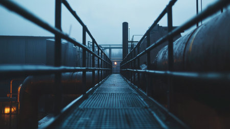 An industrial walkway at dusk, shrouded in mist, features pipes and machinery against a moody backdrop, creating a compelling atmosphere for various creative projects.の素材