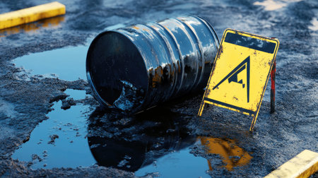 This image captures a caution sign beside a black barrel and oil spill on a construction site, highlighting environmental hazards and safety concerns in industrial areas.の素材