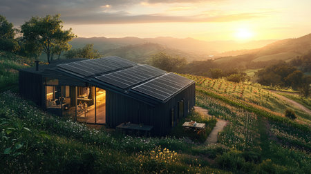 Experience the perfect blend of modern architecture and sustainability with this eco-friendly house featuring solar panels, set against a breathtaking mountain sunset.の素材