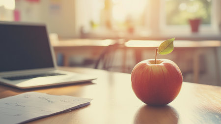 A fresh red apple sits on a wooden table next to a laptop, illuminated by warm morning light. This serene workspace promotes inspiration and productivity.の素材