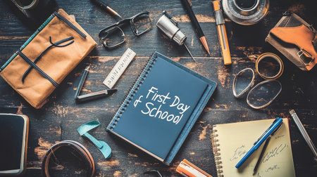 A vibrant display capturing the essence of a first day at school, featuring notebooks, pens, and glasses arranged artistically on a wooden desk.の素材