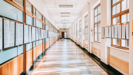 A bright and spacious corridor features large glass windows and organized informational boards, creating an inviting atmosphere ideal for modern office or educational settings.の素材