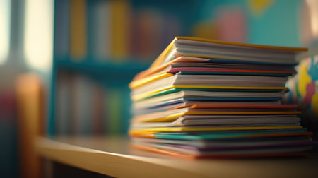 A vibrant stack of colorful paper sheets rests on a wooden table, creating a cheerful atmosphere perfect for study, creativity, and organization in a cozy room.の素材