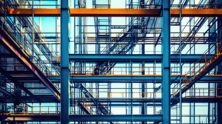 An artistic look at a modern industrial building, showcasing the intricate interplay of steel frames and glass elements, reflecting contemporary architectural design principles.の素材