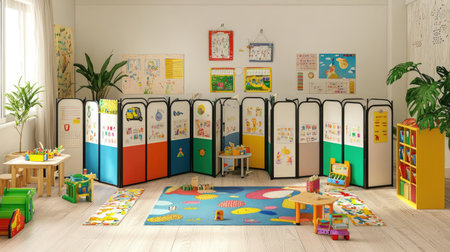 A vibrant classroom setting designed for young learners, featuring playful furniture, interactive art displays, and ample space for creativity and exploration activities.の素材