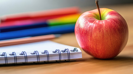 A vibrant red apple rests next to a spiral notebook and colorful pens, creating an inviting and fresh atmosphere perfect for studying, creativity, and organization.の素材