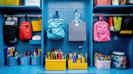 A vibrant and organized supply storage area featuring colorful backpacks and an array of stationery items against a bright blue pegboard, ideal for educational use.の素材