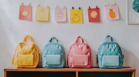 A charming display of brightly colored backpacks on a wooden shelf, complemented by whimsical illustrations above, ideal for kidsの素材