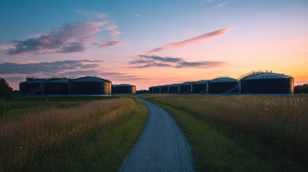 A serene sunset casts warm hues over industrial storage tanks, highlighting the harmonious blend of technology and nature along a tranquil pathway.の素材