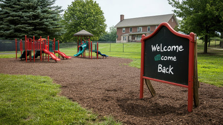 A vibrant playground featuring colorful equipment like slides and swings, set in a lush green environment with a welcoming sign for children and families to enjoy.の素材