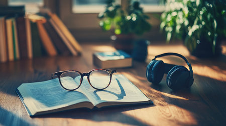 A serene workspace featuring an open book with glasses resting on it, headphones nearby, and sunlight streaming through, creating a peaceful reading atmosphere.の素材