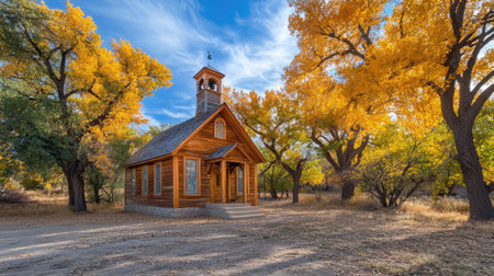 A quaint wooden church situated among stunning autumn trees under a clear, blue sky, creating a perfect backdrop for tranquil moments and outdoor exploration.の素材