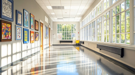 A spacious school corridor features large windows allowing natural light to fill the area, highlighting colorful art displays along the walls. The clean floor reflects a bright atmosphere.の素材