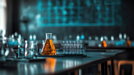 Vibrant orange liquid in glass laboratory equipment adds color to a modern classroom setting, highlighting the importance of scientific exploration and education.の素材