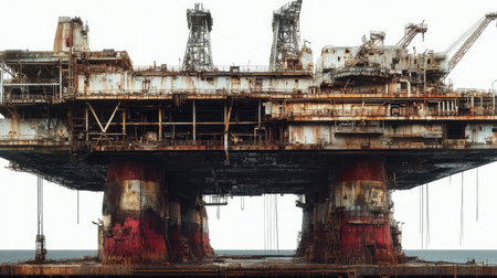 A detailed view of a rusty offshore oil rig, highlighting its weathered structure and industrial elements. This image captures the essence of decay in marine environments.の素材