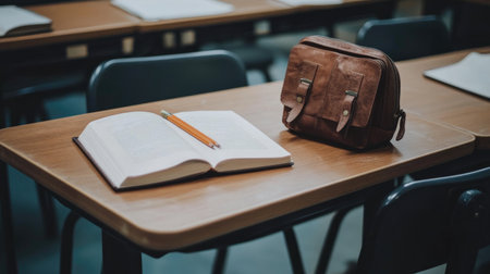 A brown leather bag rests next to an open book on a wooden desk, symbolizing study and education. The serene classroom setting invites focus and inspiration.の素材