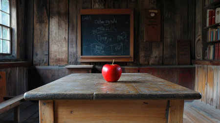 A fresh red apple placed elegantly on a vintage wooden desk creates a nostalgic atmosphere in a rustic classroom, symbolizing education and knowledge.の素材