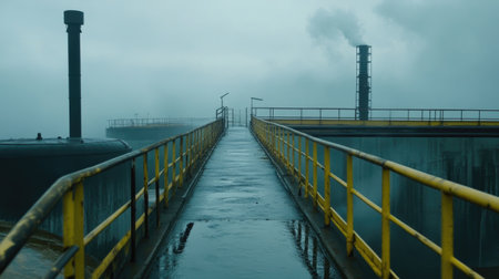 A striking industrial walkway stretches over water, flanked by yellow railings, disappearing into fog. Smokestacks rise in the background, enhancing the moody landscape.の素材