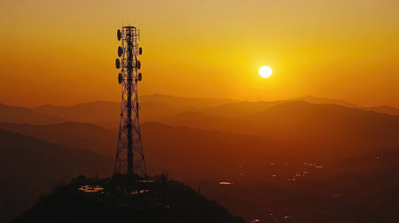 A striking silhouette of a communication tower against a vibrant sunset, showcasing mountains and an orange sky, perfect for technology and nature themes.の素材