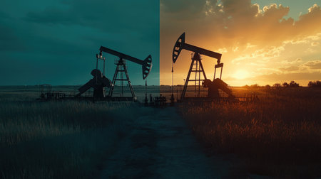 Captivating contrast between sunrise and sunset illuminates oil pump jacks amid grassy fields, showcasing the intersection of industrial energy and natural beauty in a dramatic landscape.の素材