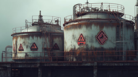 A pair of industrial storage tanks show signs of rust and wear, accompanied by warning signs, epitomizing the intersection of industry and environmental hazards.の素材
