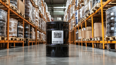 A black barrel featuring a QR code is positioned centrally in an industrial warehouse, surrounded by organized shelves and stacked goods, exemplifying efficient storage.の素材