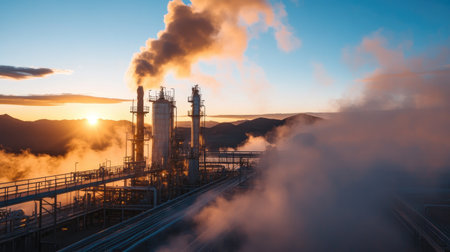 A striking image of an industrial facility emitting smoke and steam at sunset, showcasing towering machinery against a colorful sky and mountainous landscape.の素材