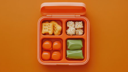 This eye-catching lunchbox features a variety of snacks perfectly organized, showcasing colorful gummies, crackers, and jelly in a fun and appetizing arrangement.の素材