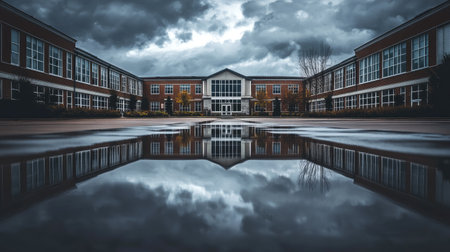 A striking view of a modern educational building surrounded by stormy clouds, reflecting in a tranquil water pool, showcasing architecture and atmosphere.の素材
