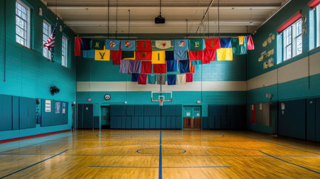 An inviting indoor gymnasium featuring a polished wooden floor and colorful flags that hang elegantly from the ceiling, perfect for sports activities and events.の素材