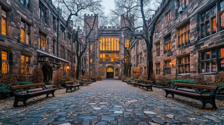 A serene university courtyard featuring historic stone architecture, scattered autumn leaves, inviting benches, and soft evening light creating a picturesque atmosphere.の素材