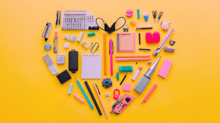 A vibrant arrangement of various stationery and office supplies creatively shaped into a heart on a bright yellow background, perfect for inspiring organization and creativity.の素材