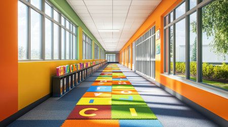 This vibrant classroom hallway features colorful walls, large windows allowing abundant light, and playful educational rugs, creating an inviting space for children to learn and explore.の素材