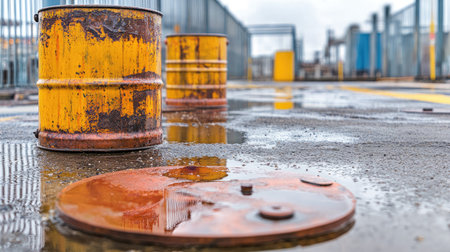 This image features rusty yellow barrels and a metal disc on a wet industrial surface, capturing reflections and weathered textures in an urban environment.の素材