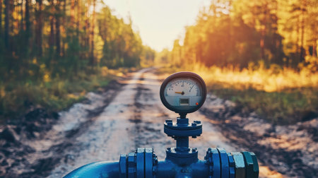 A detailed industrial pressure gauge stands on a pipe in a beautiful forest landscape, highlighting a dirt road illuminated by warm sunlight, symbolizing nature and technology.の素材