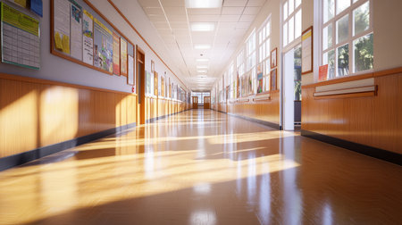 An inviting school hallway showcasing bright natural light and well-maintained wooden flooring, perfect for illustrating educational environments and daily routines.の素材
