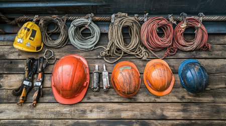 Collection of safety gear including hard hats, ropes, and tools displayed on a wooden deck, perfect for illustrating safety and organization in industrial environments.の素材