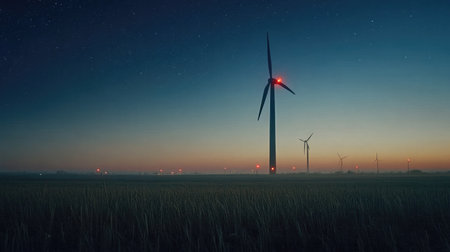 This stunning image captures wind turbines against a twilight sky, portraying the beauty of renewable energy and the tranquility of nature in a rural setting.の素材